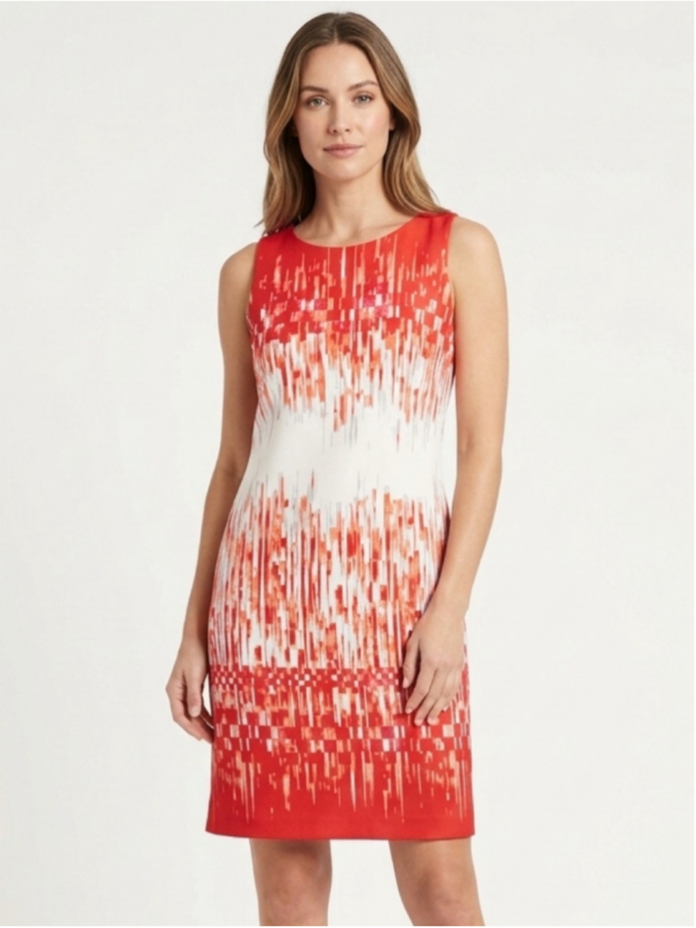 Vince Camuto Red Orange Abstract Pixelated Print Sleeveless Sheath Dress Size 2